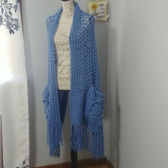 Handmade Crocheted Perfect Pockets Shawl with Flower Pocket and Fringe in blue - Picture 1 of 6